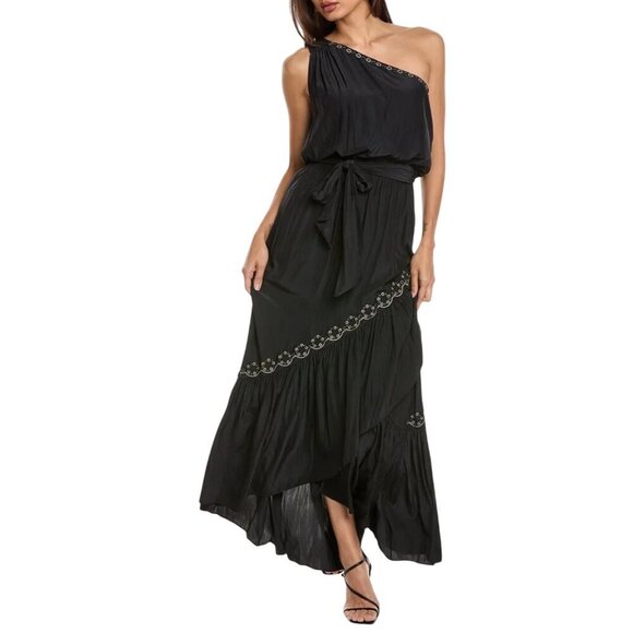 NWT Ramy Brook Nicola Black Maxi Dress‎ One-Shoulder Embroidered and Beaded Sz M - Picture 1 of 13